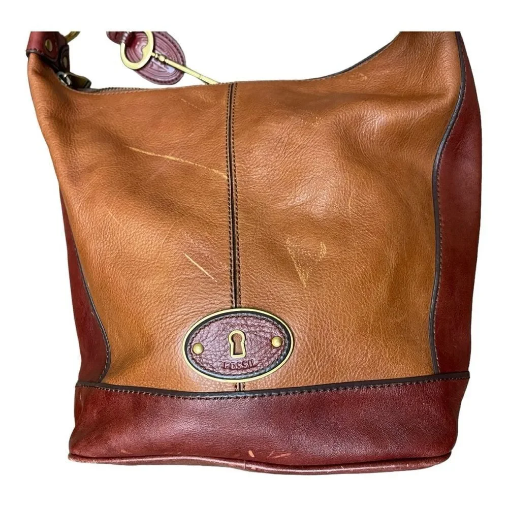 Fossil vintage reissue brown leather hobo bag brass zipper hardware tote shopper